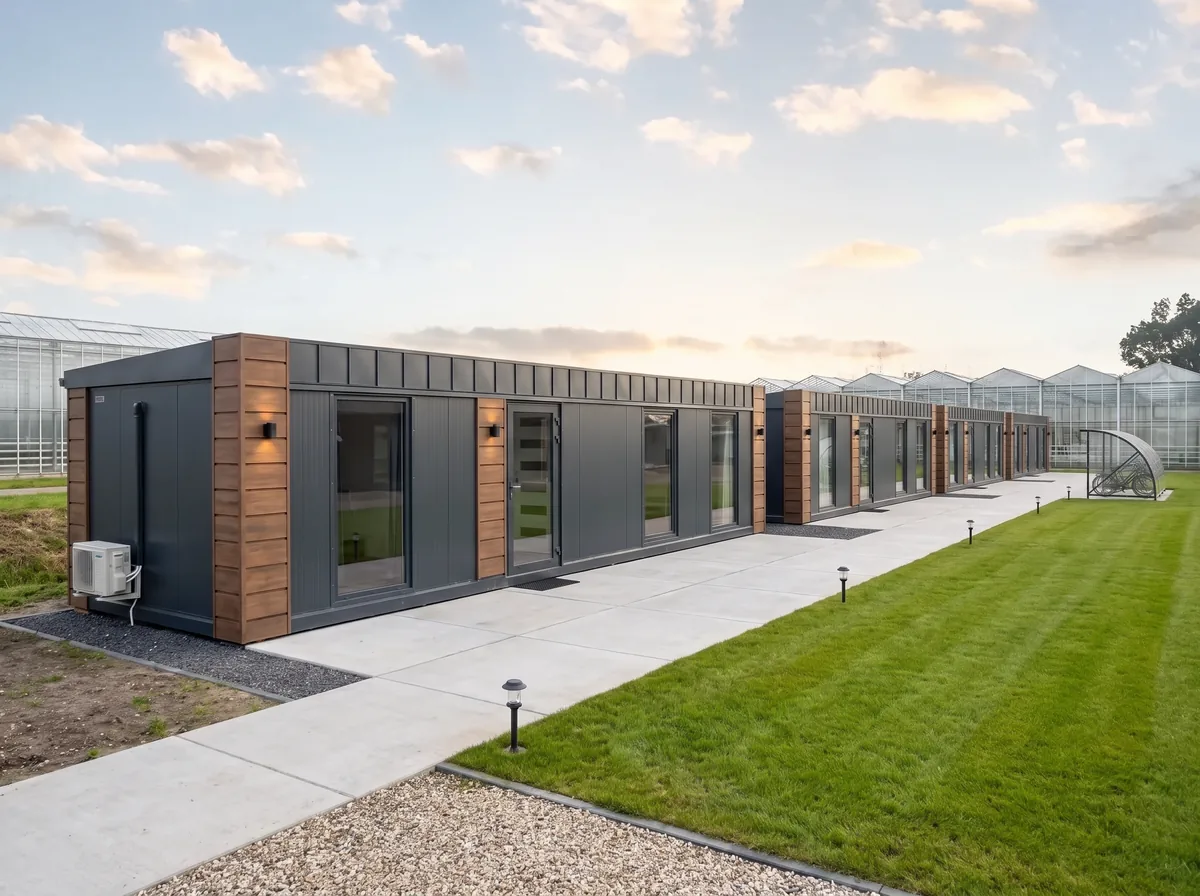 Rij woonunits voor arbeidsmigranten op een tuinbouwlocatie met kassen op de achtergrond