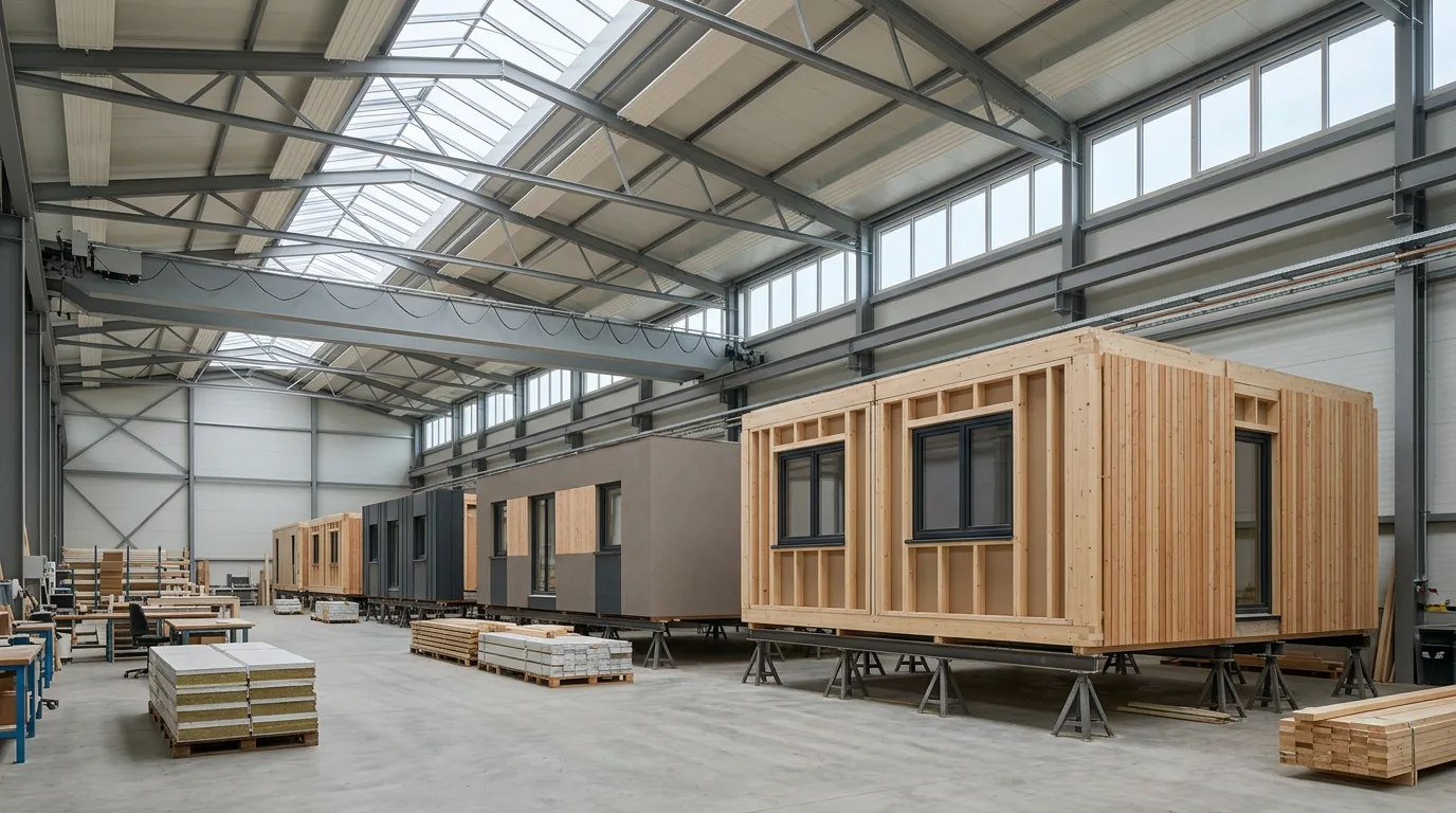 Lichte fabriekshal waarin complete woonmodules op een lijn worden geassembleerd
