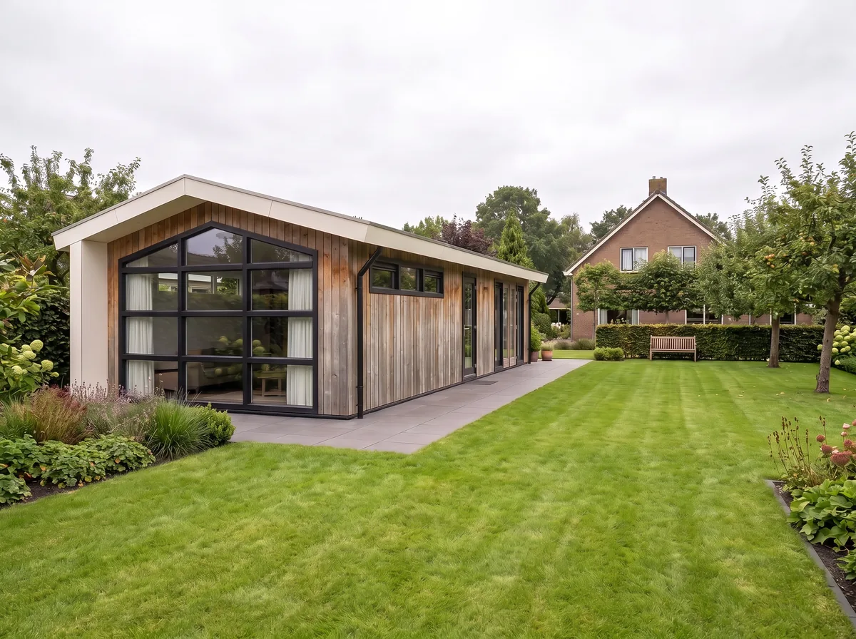 Compacte mantelzorgwoning met houten gevel in de tuin achter een bakstenen woonhuis