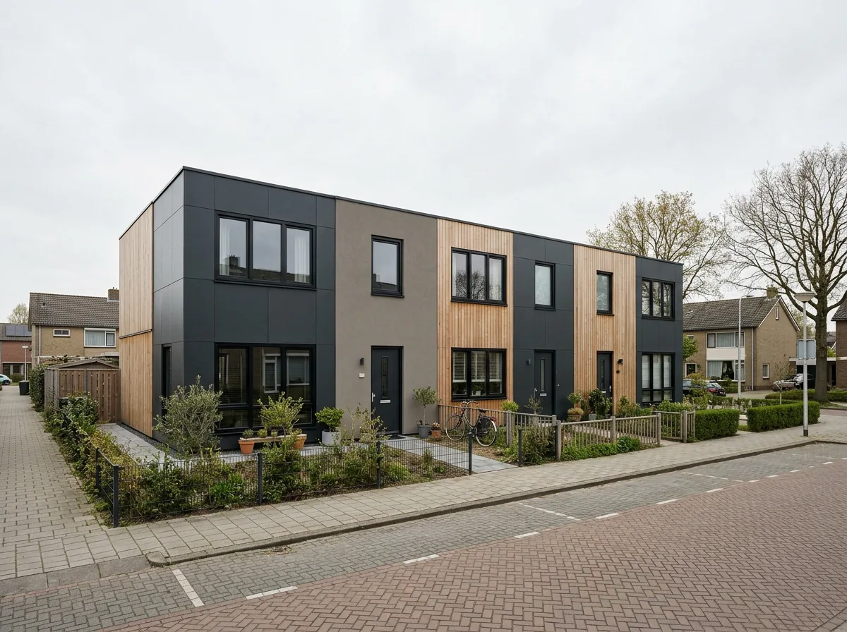 Rij van drie moderne modulaire gezinswoningen aan een rustige straat